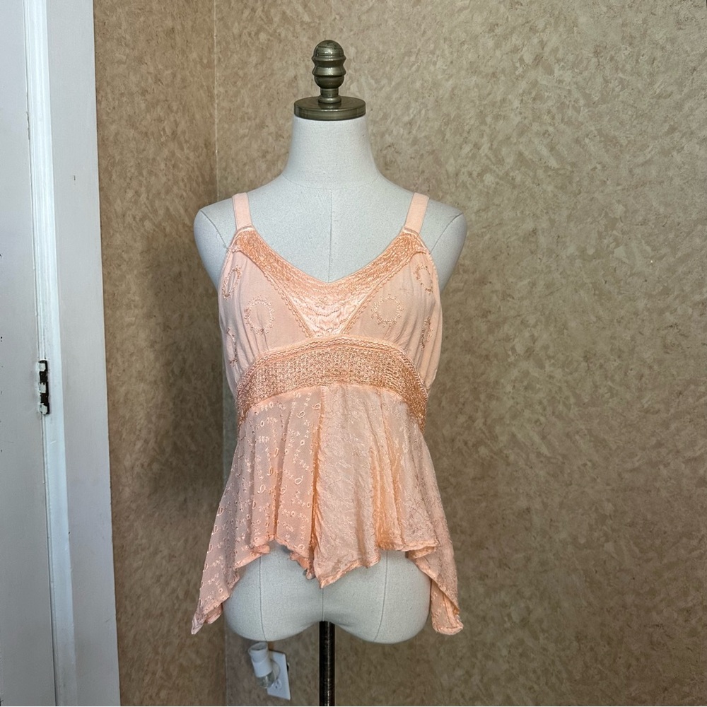 VTG Y2K Peach Floral Boho Embroidered Asymmetrical Fairy Babydoll Top